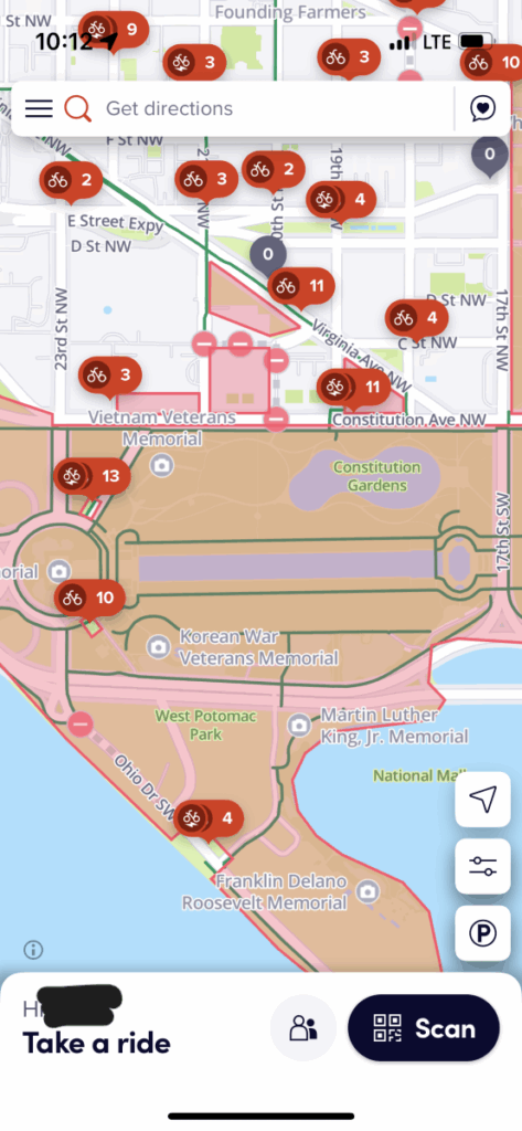 Screen shot of Capital Bikeshare showing the number of available bikes