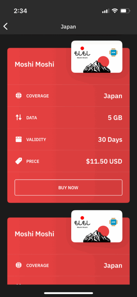 screen shots of the eSIM app Airalo