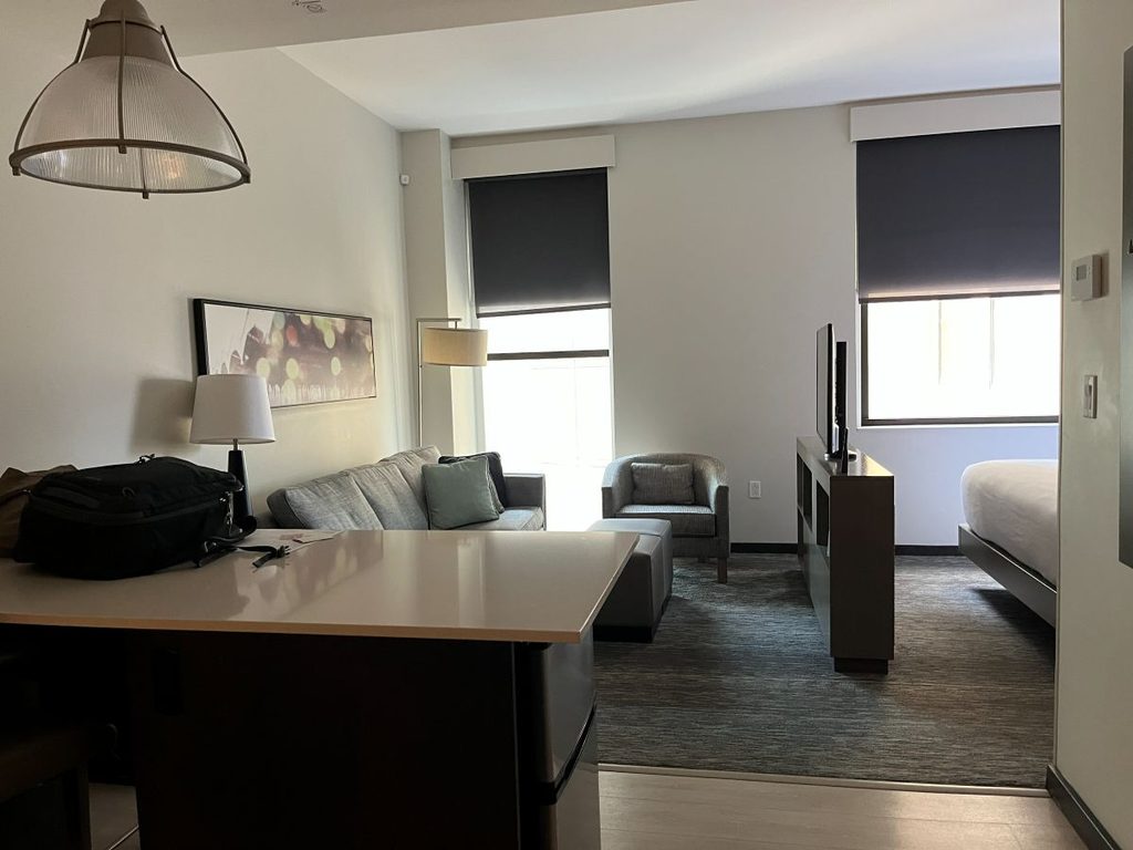 Living space at Hyatt House Jersey City