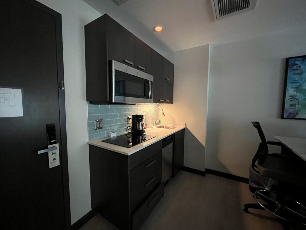 Kitchen area in the room at Hyatt House Jersey City